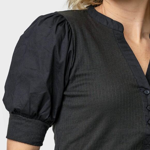 Gibsonlook Mixed Media Henley Top‎ With Puff Sleeves Black Size Small - Picture 3 of 12